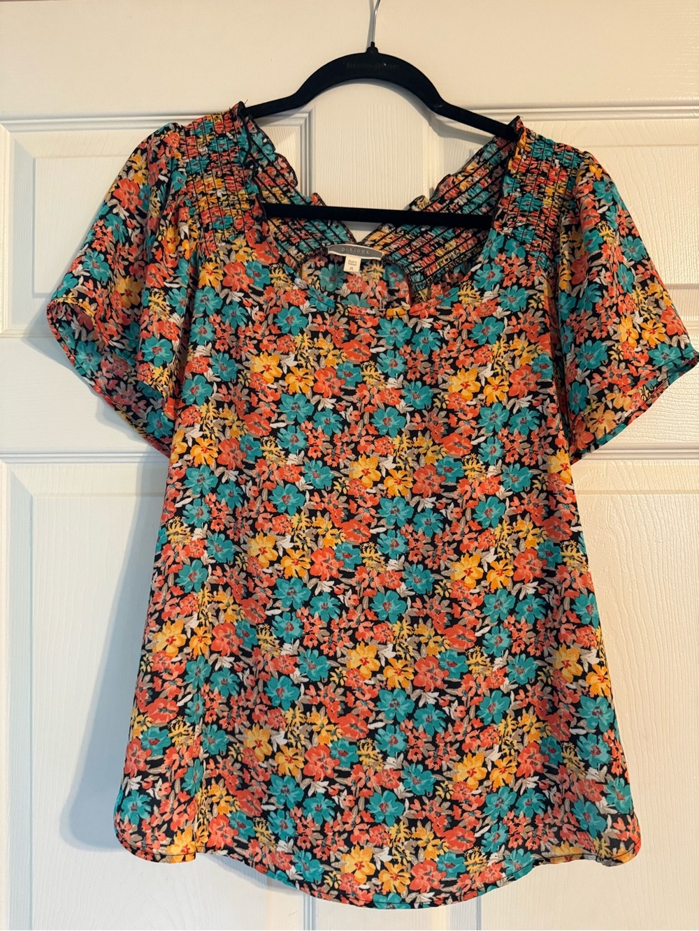 Pleione Floral Square-Neck Short Sleeve Top - Teal, Coral & Yellow